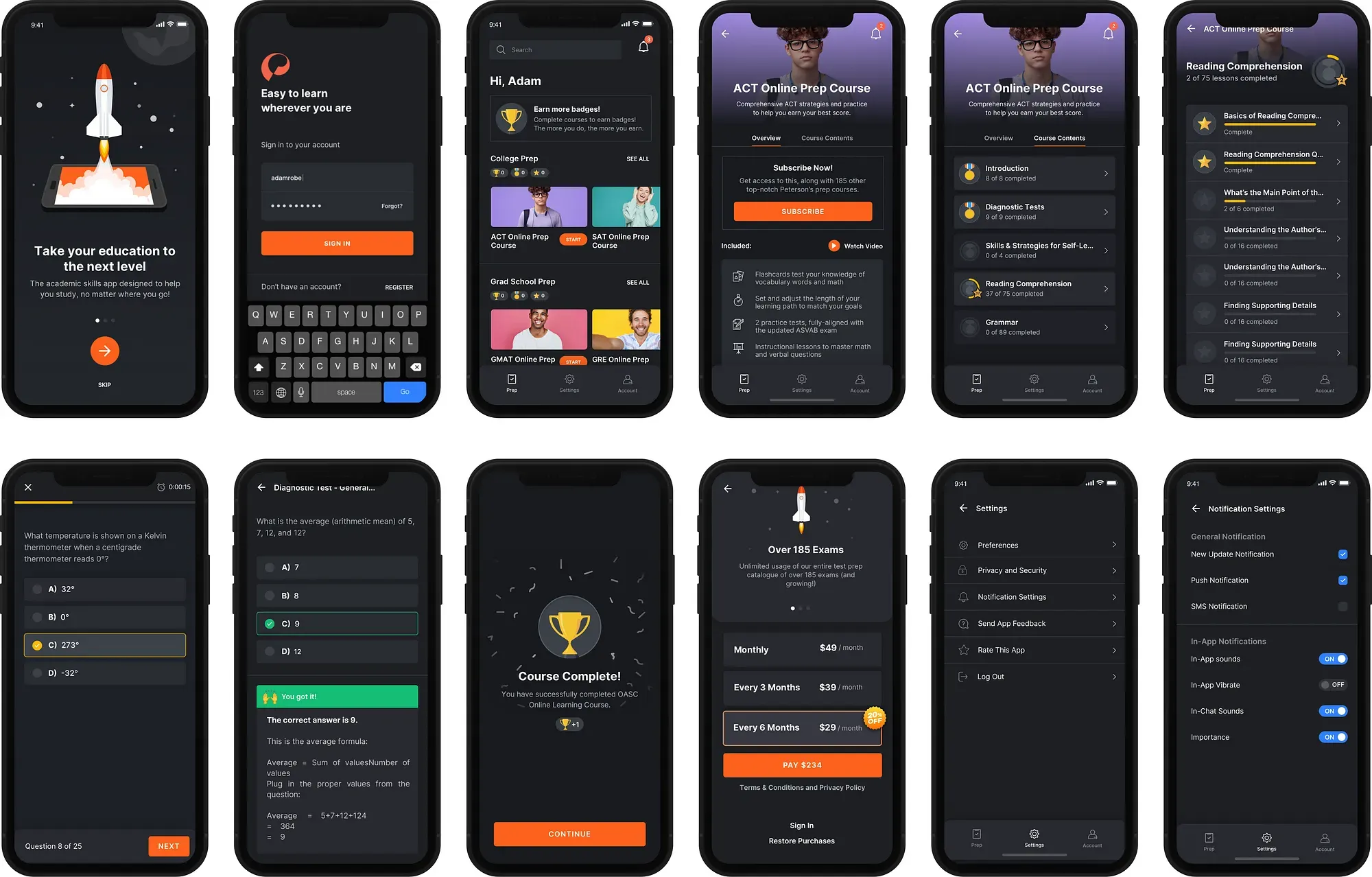 Final high-fidelity Peterson's Test Prep app screens in light and dark mode.