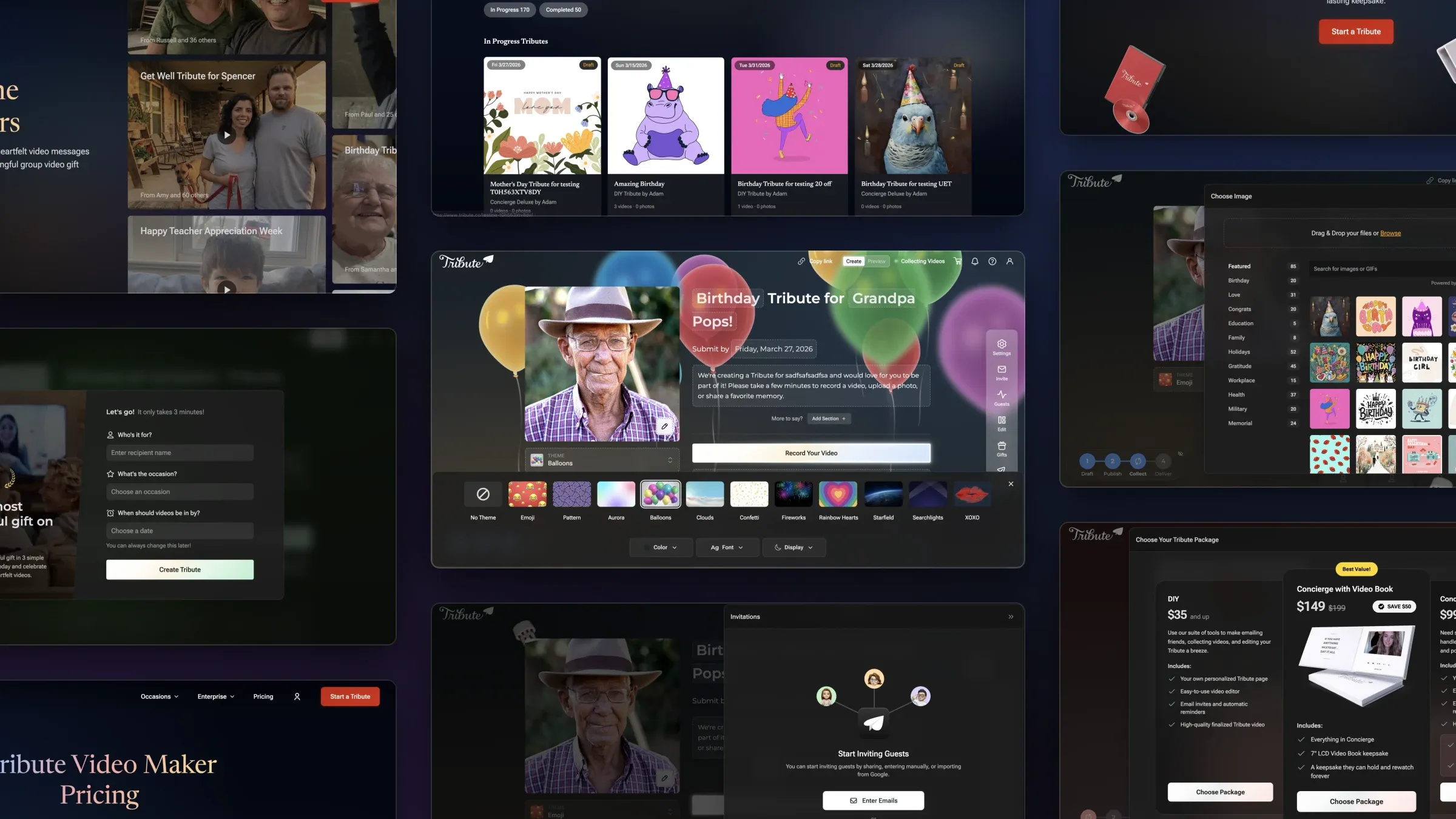 Grid of nine Tribute V3 screens — dashboard, a tribute page in the Balloons theme, image picker, invitations, onboarding, pricing and marketing pages