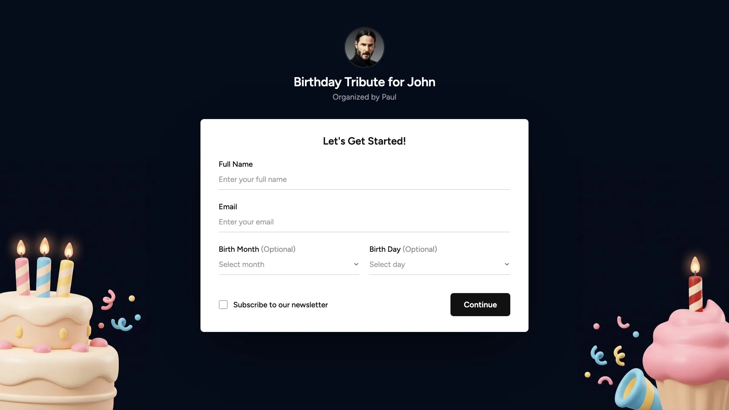 The first step of the redesigned recording flow, "Birthday Tribute for John", between a clay birthday cake and a cupcake