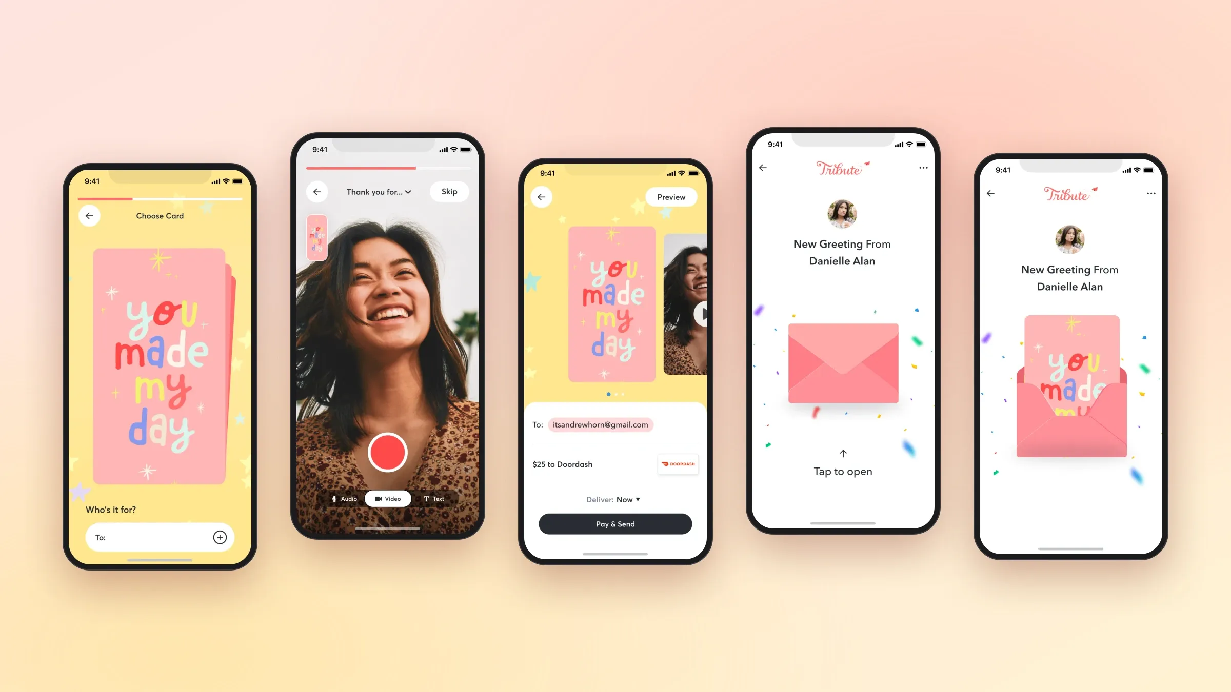Five Tribute Greetings phone screens in a row — choosing a card, recording a video, adding a DoorDash gift, the envelope arriving, and the card revealed