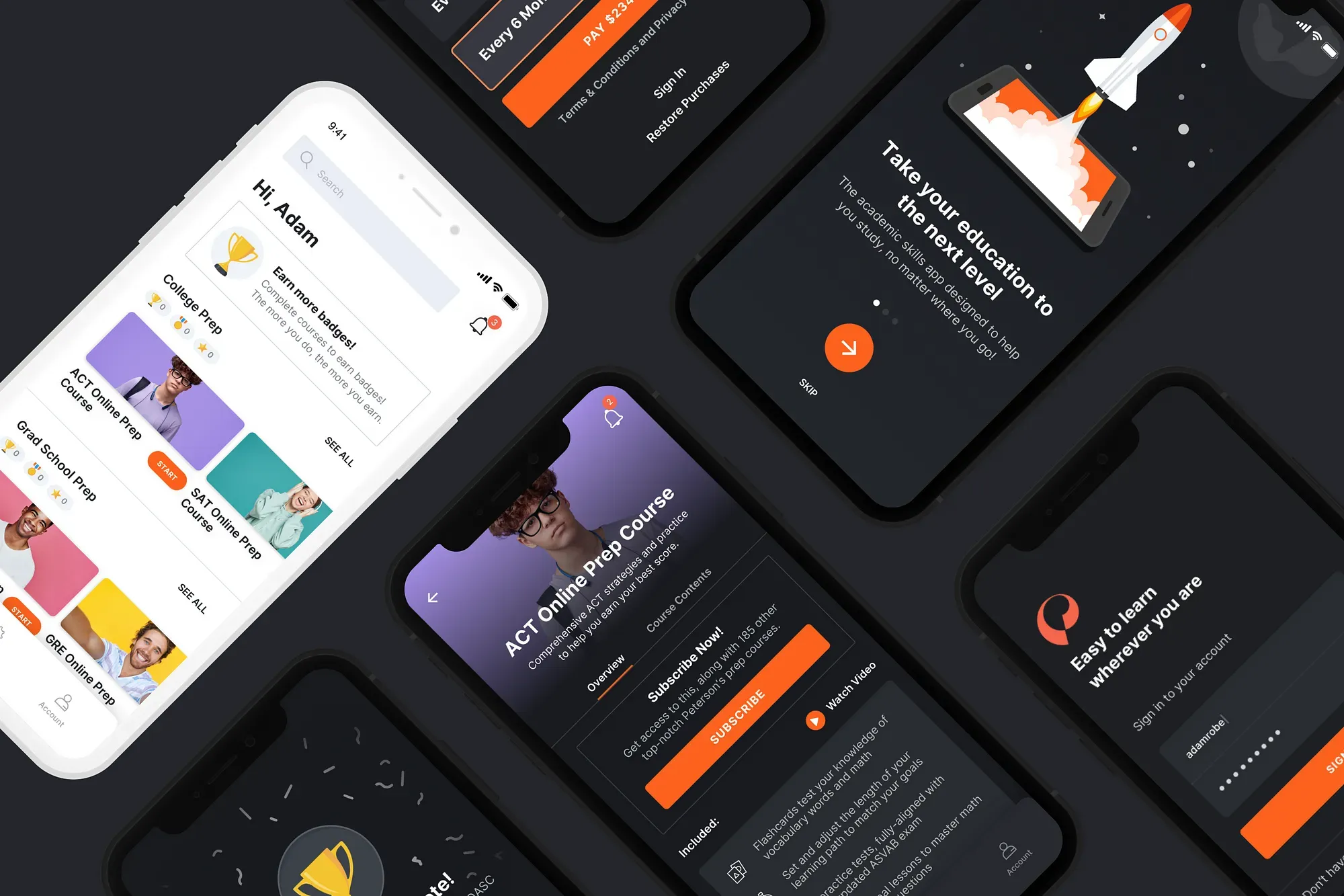 Angled collage of Peterson's Test Prep app screens in light and dark mode