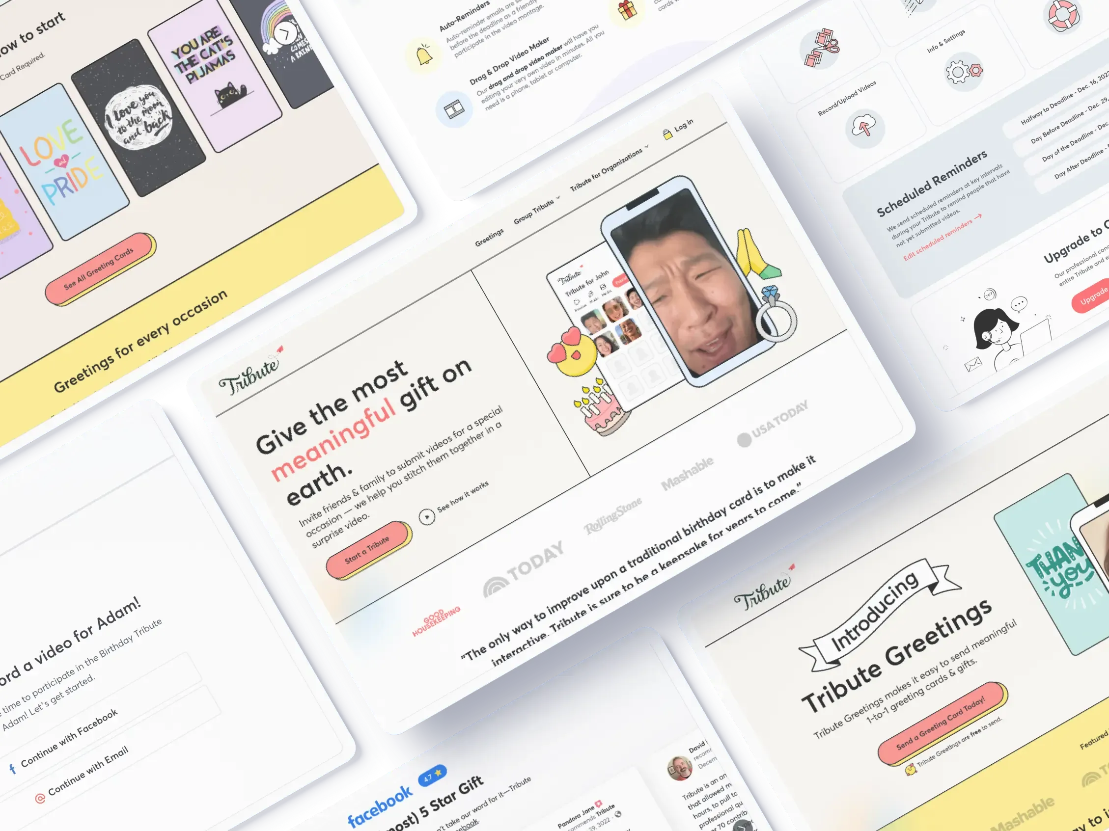 Angled collage of redesigned Tribute.co screens — homepage, greeting cards, reminders and the record flow