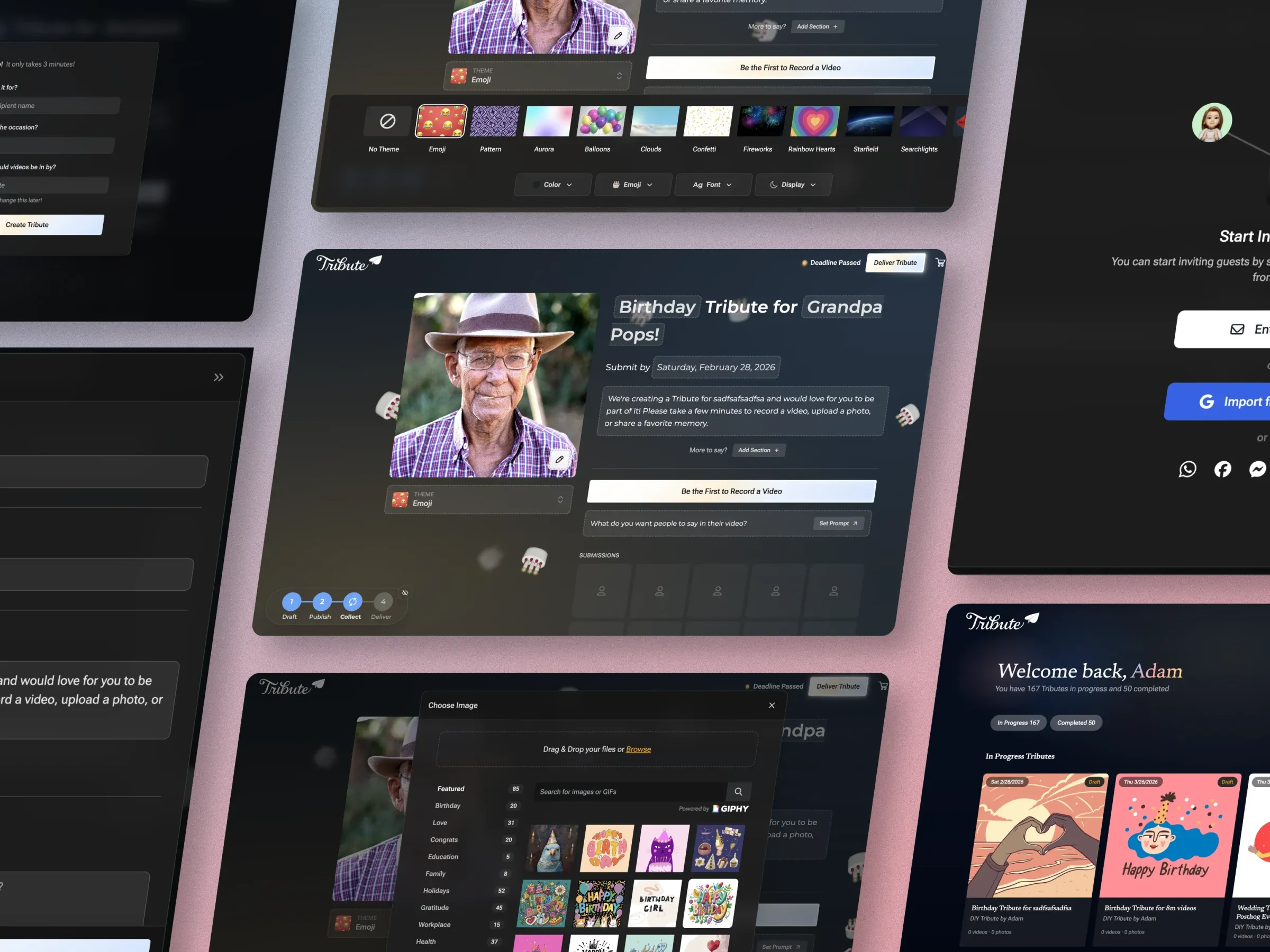 Angled collage of Tribute V3 screens — creation modal, theme picker, tribute page and dashboard