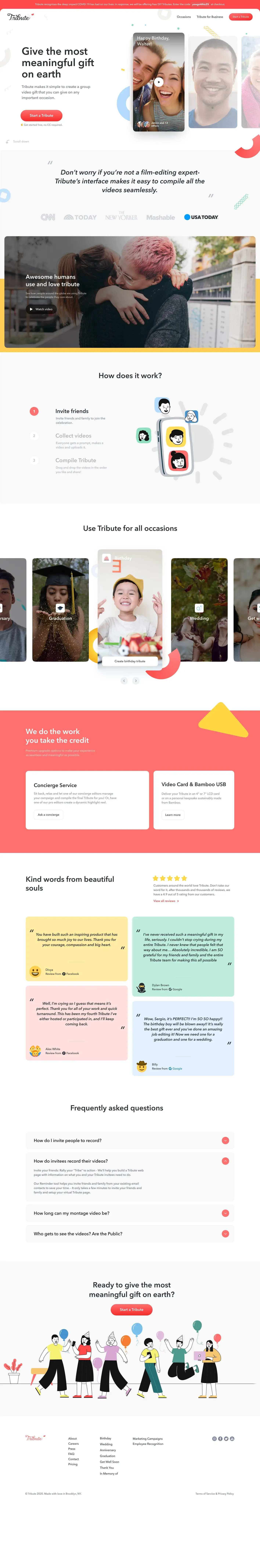 The redesigned Tribute.co homepage.