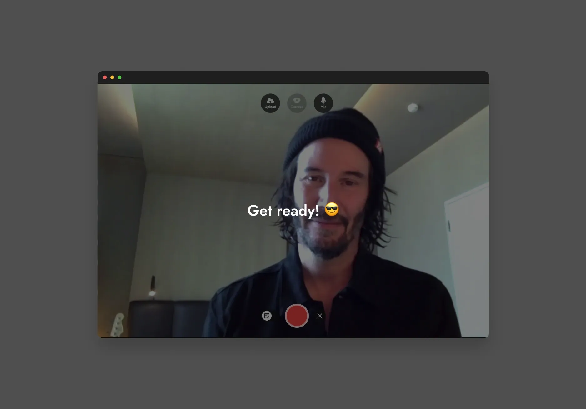Desktop recorder showing Upload, Camera and Mic controls with a countdown overlay reading 'Get ready!'