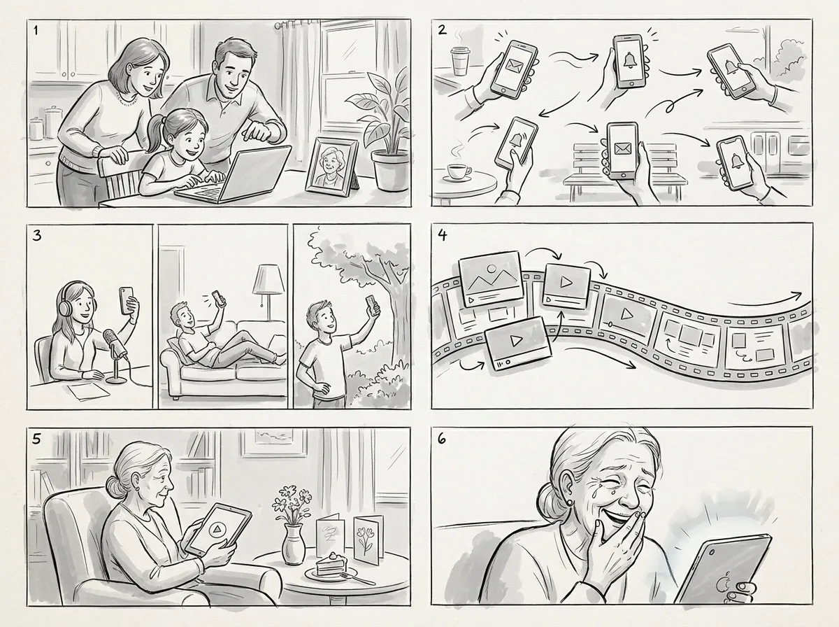 Six-panel storyboard. 1: a family at a kitchen table start a tribute on a laptop, a framed photo of their grandmother beside them. 2: invitations arrive as notifications on phones in cafés, parks and on a train. 3: three relatives record themselves in three separate places. 4: the clips assemble into a single film strip. 5: the grandmother sits alone with a tablet, flowers and birthday cards on the table beside her. 6: close on her face, laughing through tears as she watches.