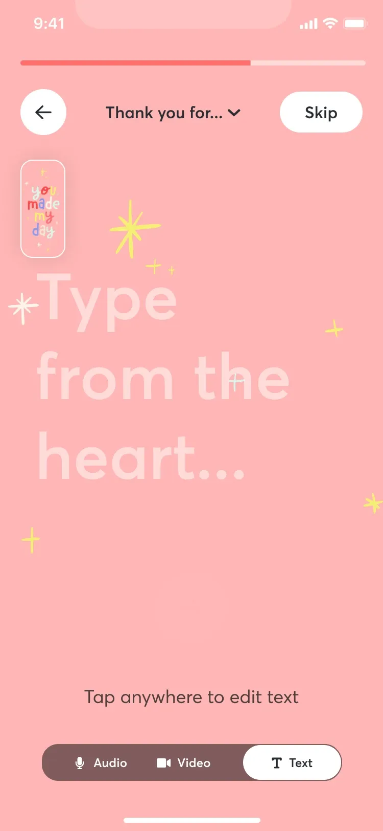 Greeting composer in text mode, reading 'Type from the heart…', with the Audio, Video and Text switcher at the bottom.
