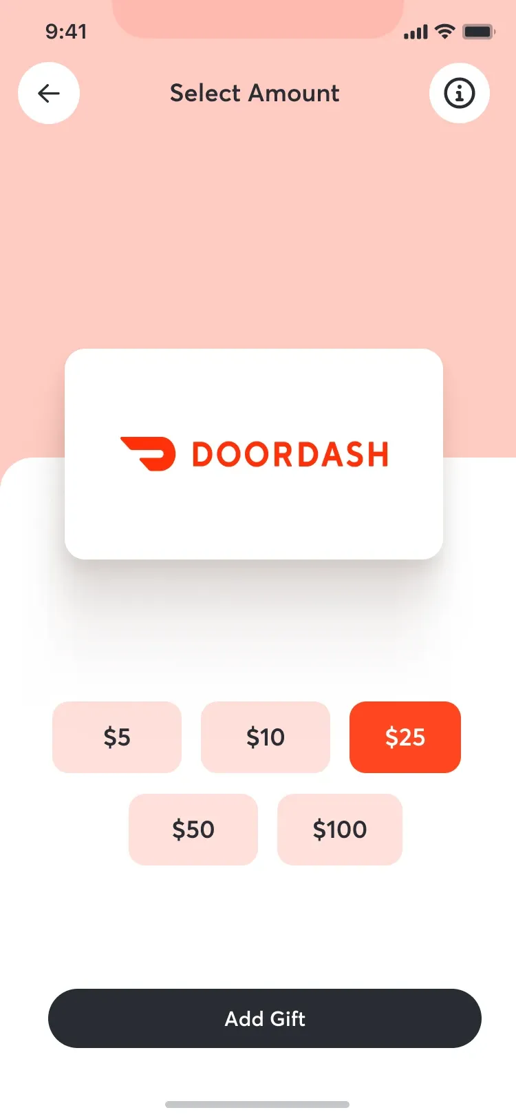 Gift amount selection screen showing a DoorDash gift card with $5 to $100 options.