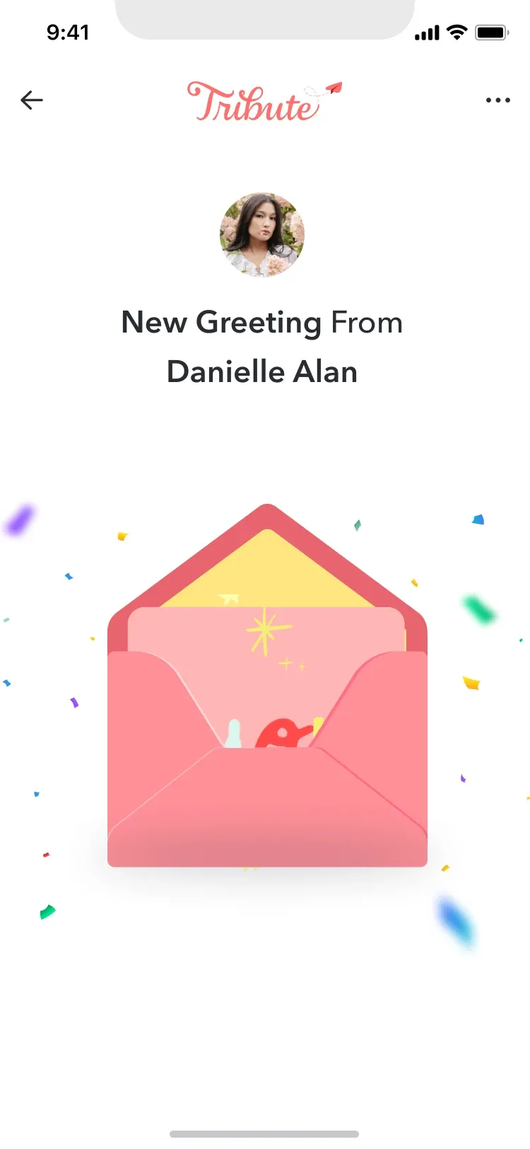 Greeting receipt screen: an animated envelope opening with confetti, reading 'New Greeting From Danielle Alan'.