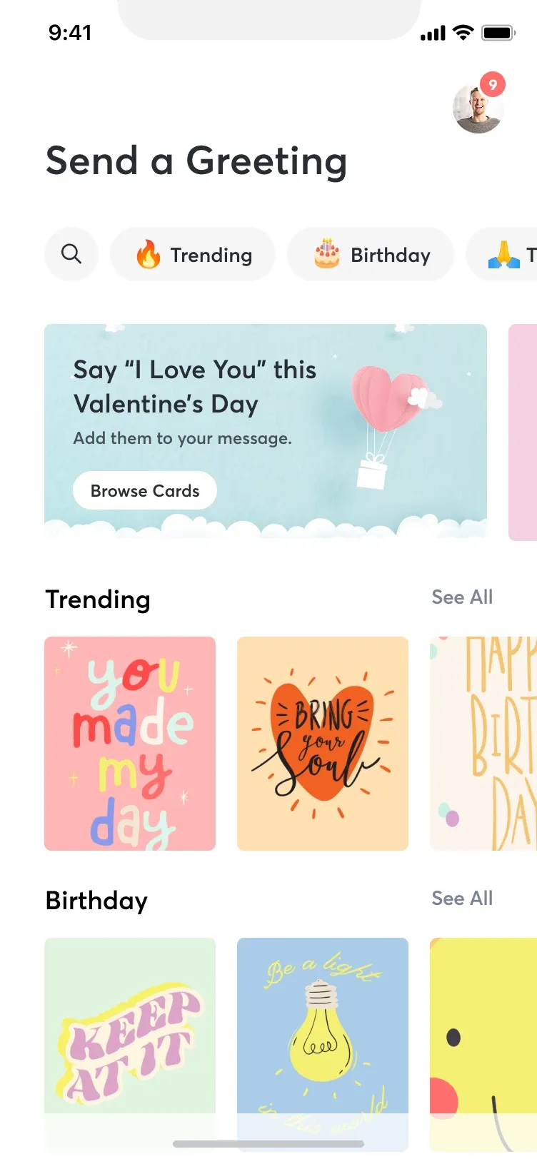 Send a Greeting browse screen with Trending and Birthday card categories.