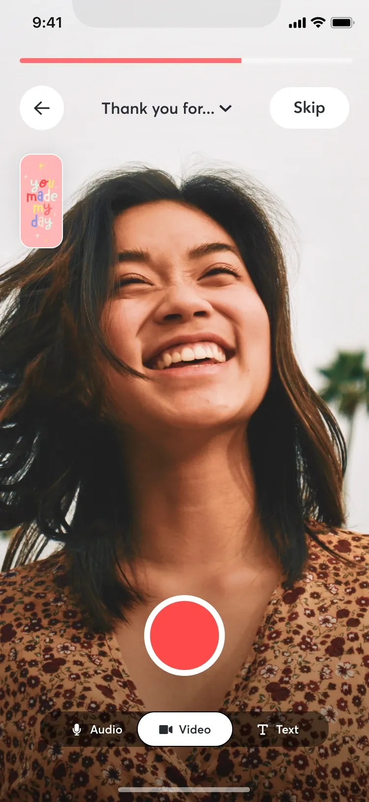 Greetings recording screen with a 'Thank you for…' prompt and Audio, Video and Text input options.