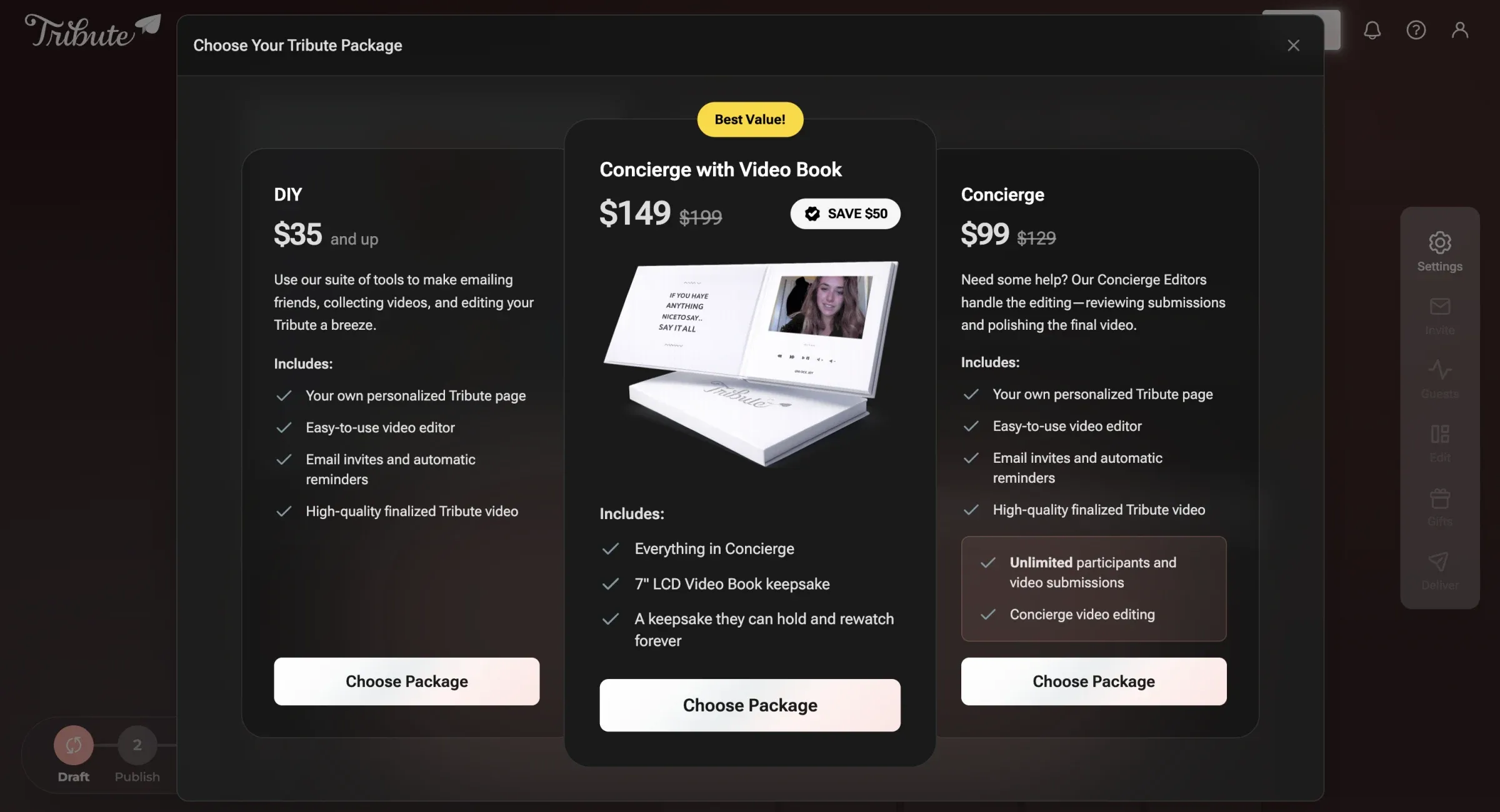 Choose Your Tribute Package pricing modal showing DIY, Concierge with Video Book, and Concierge tiers.