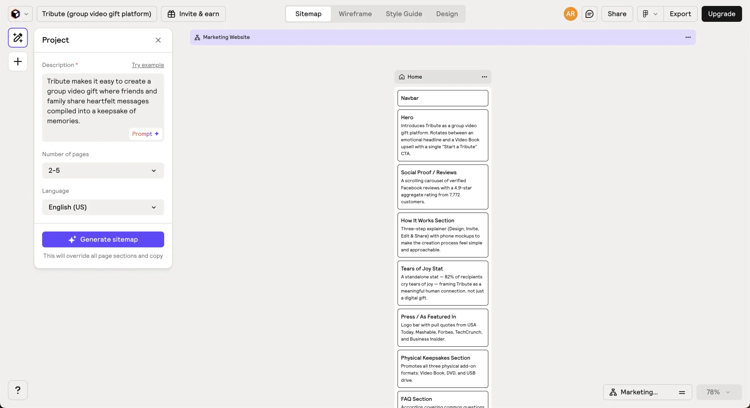 Relume sitemap generator interface showing Tribute product description and generated marketing website structure.