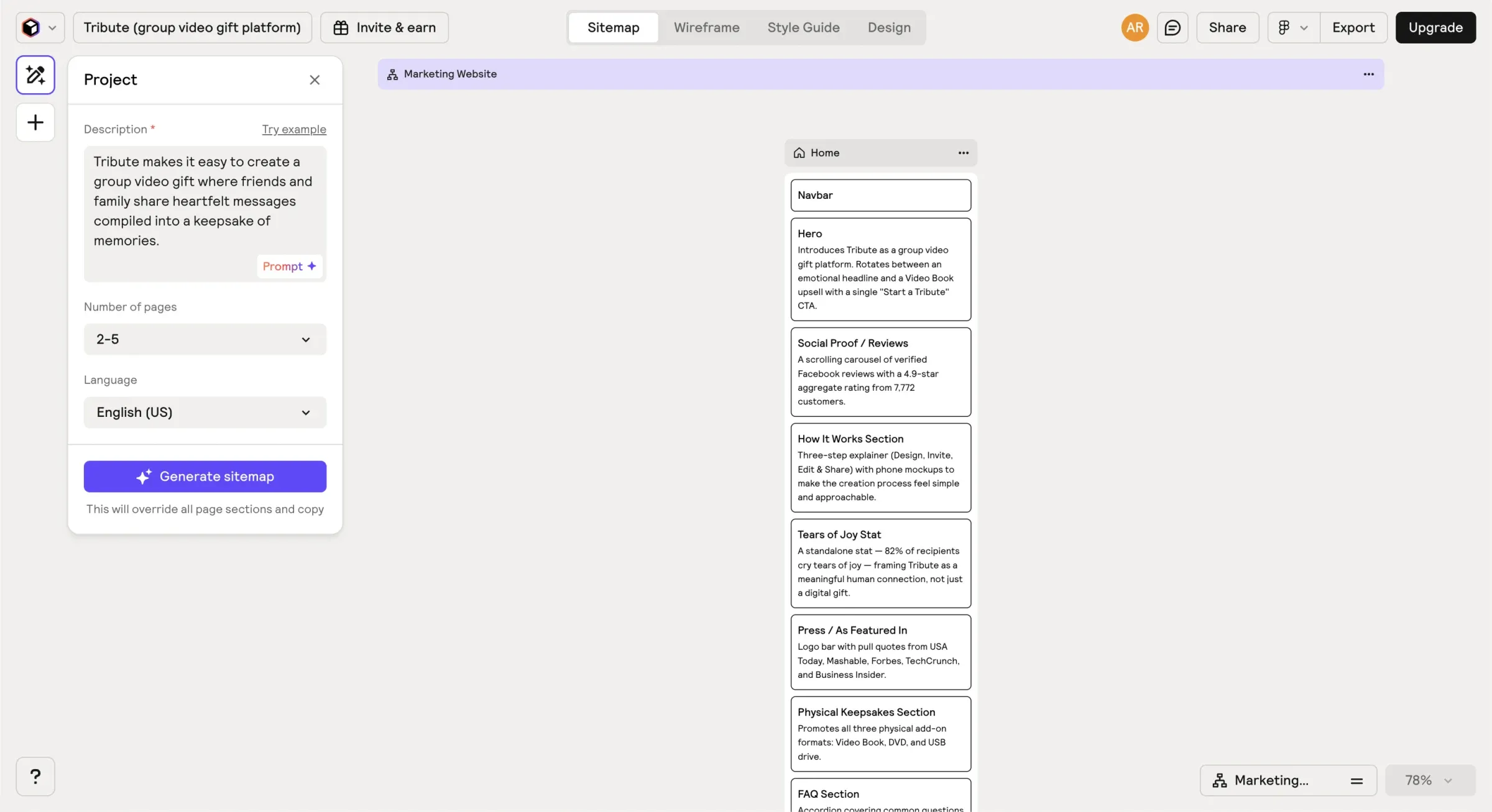 Relume sitemap showing the full site structure with How It Works, Pricing, Blog, and Occasions sections.