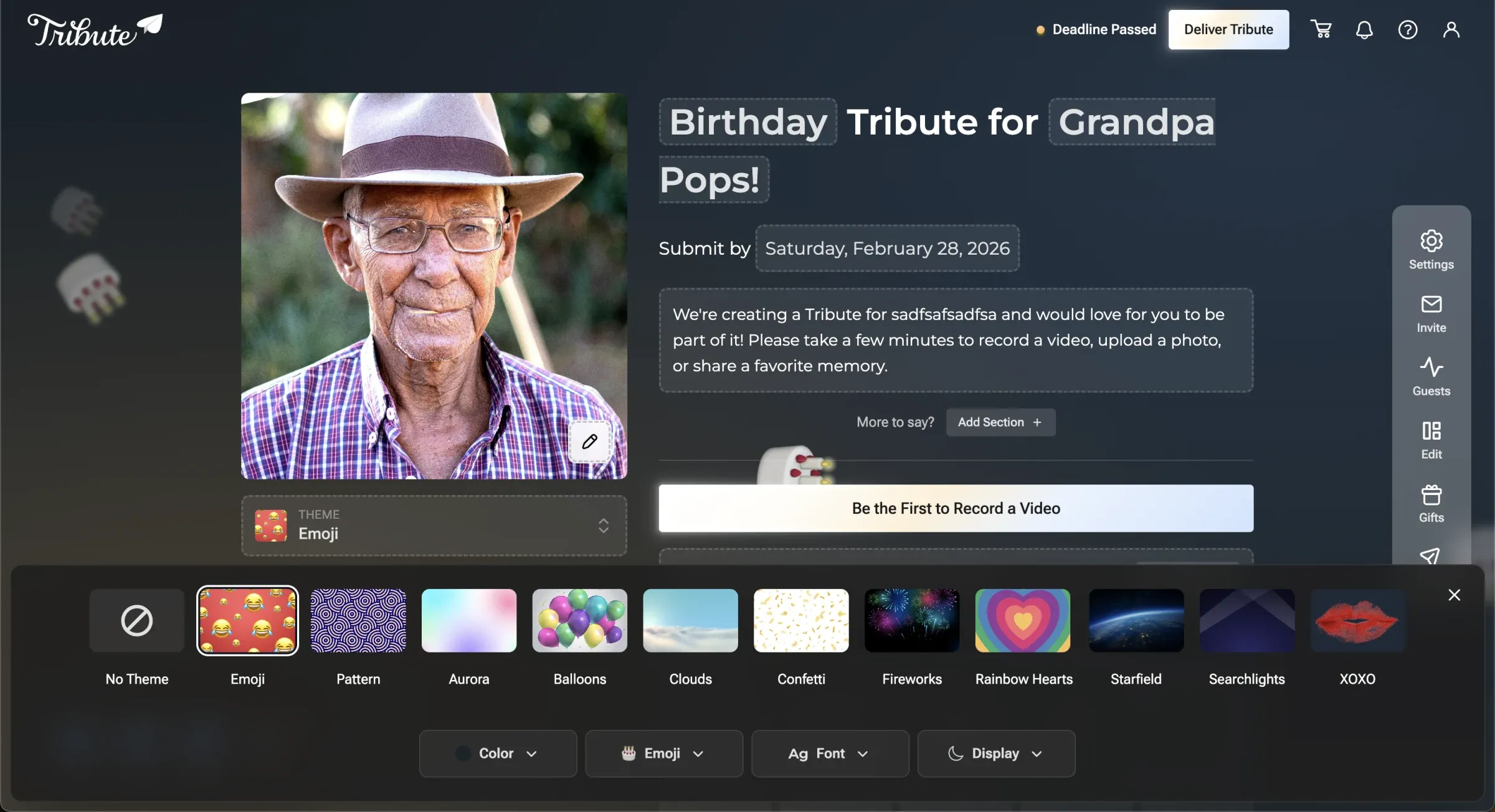 Theme exploration and final screens showing emoji, balloons, fireworks, and other theme options.